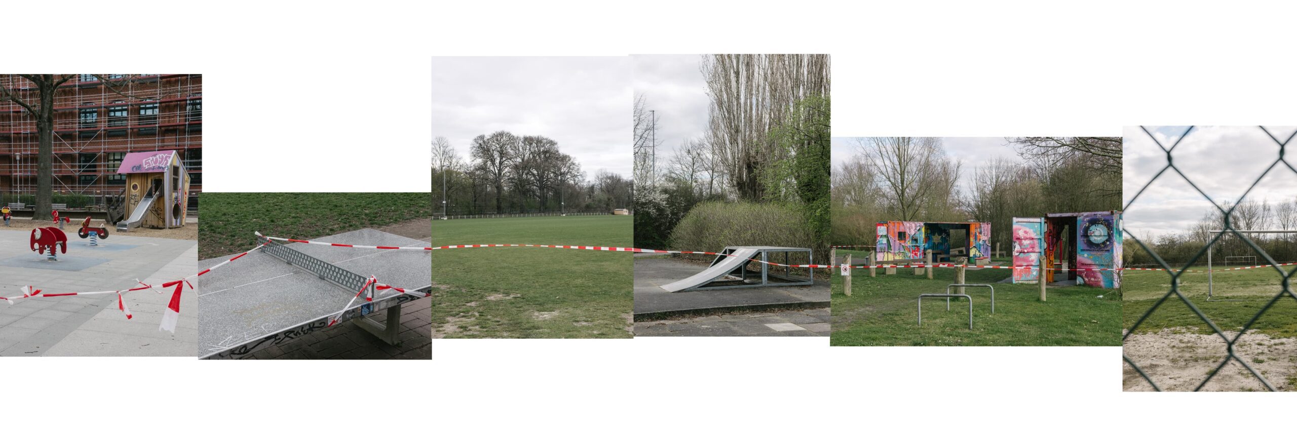 Sports- and playgrounds sealed of with red and white tape.